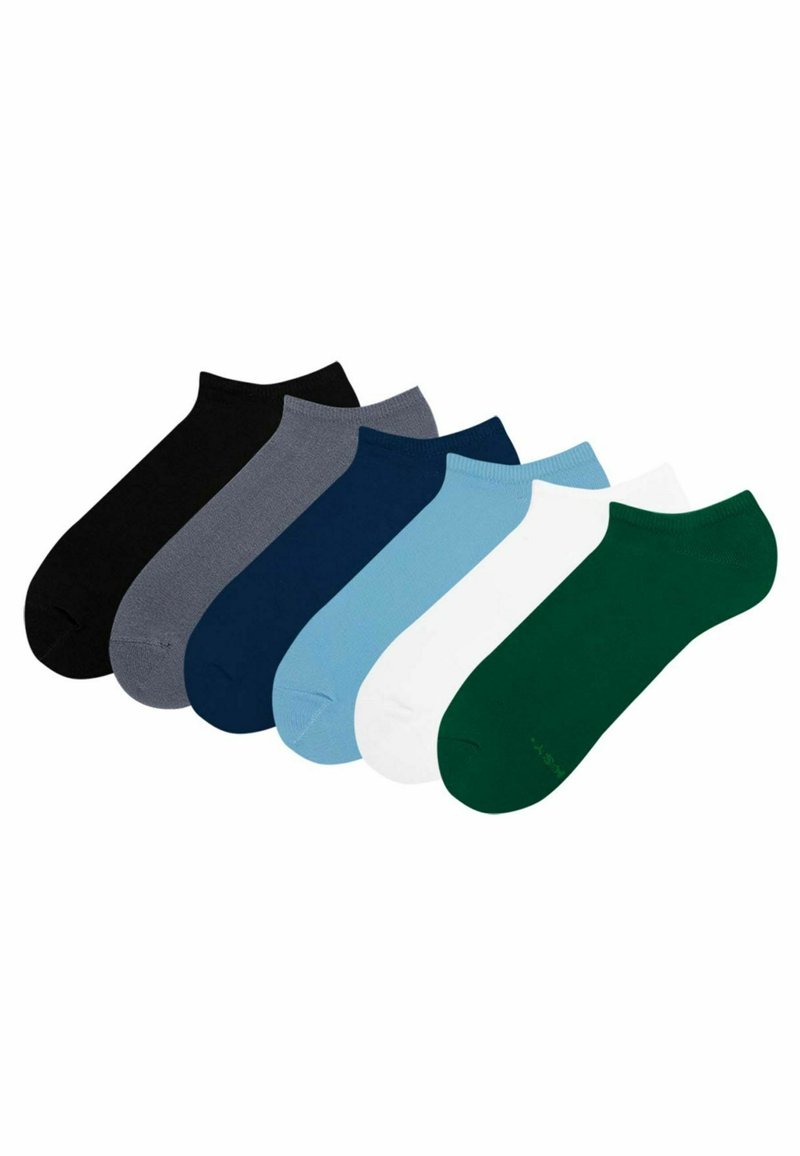 Sześć par skarpetek krótkich w kolorach czarnym, szarym, granatowym, jasnoniebieskim, białym i zielonym; wykonane z gładkiego materiału o prostym wzorze.