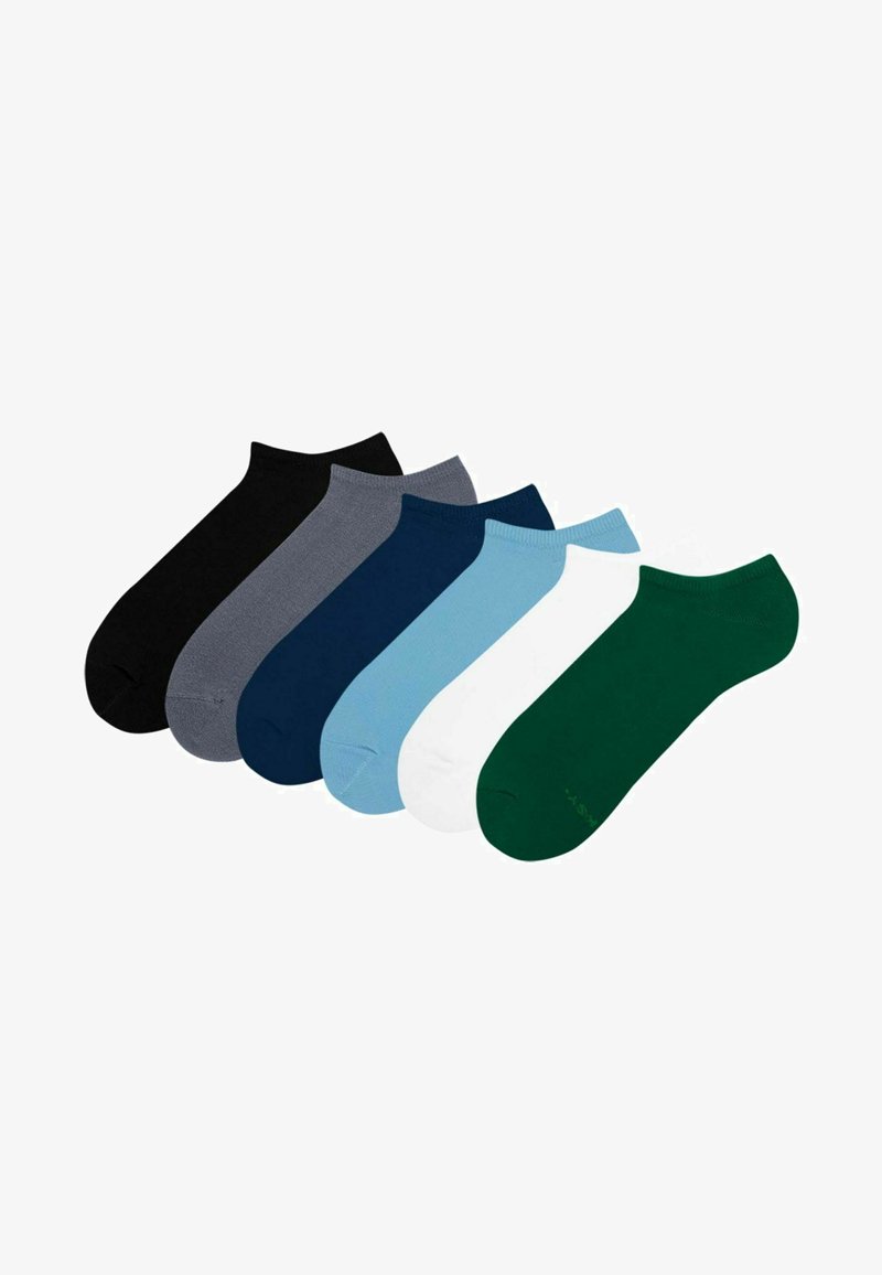 Sześć par skarpetek krótkich w kolorach czarnym, szarym, granatowym, jasnoniebieskim, białym i zielonym; wykonane z gładkiego materiału o prostym wzorze.