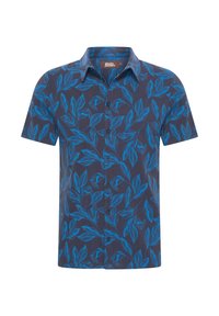 Kortärmad skjorta med knappar i marinblått med ett blått bladmönster. Tillverkad av ett lätt material, med en spetsig krage och framknappar.