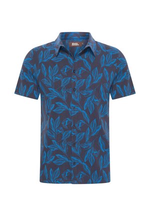 Lyhythembus-paitapusero tummansinisellä värillä ja sinisillä lehtikuviolla. Kevyt kangas, jossa on terävä kaulus ja edessä napit.