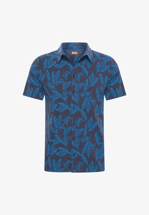 Koszula krótki rękaw zapinana na guziki w kolorze granatowym z niebieskim wzorem liści. Wykonana z lekkiego materiału, z kołnierzykiem w kształcie stożka i guzikami z przodu.