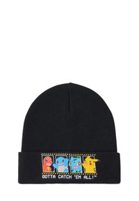 Bonnet en tricot noir avec un graphique coloré de quatre personnages Pokémon et le texte "IL FAUT TOUS LES ATTRAPER !" sur un revers replié.