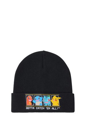 Black knit beanie featuring a colorful graphic of four Pokémon characters with text "GOTTA CATCH 'EM ALL!" on a folded cuff.