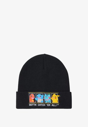 Zwarte gebreide beanie met een kleurrafische afbeelding van vier Pokémon-personages en de tekst "GOTTA CATCH 'EM ALL!" op een omgeslagen boord.