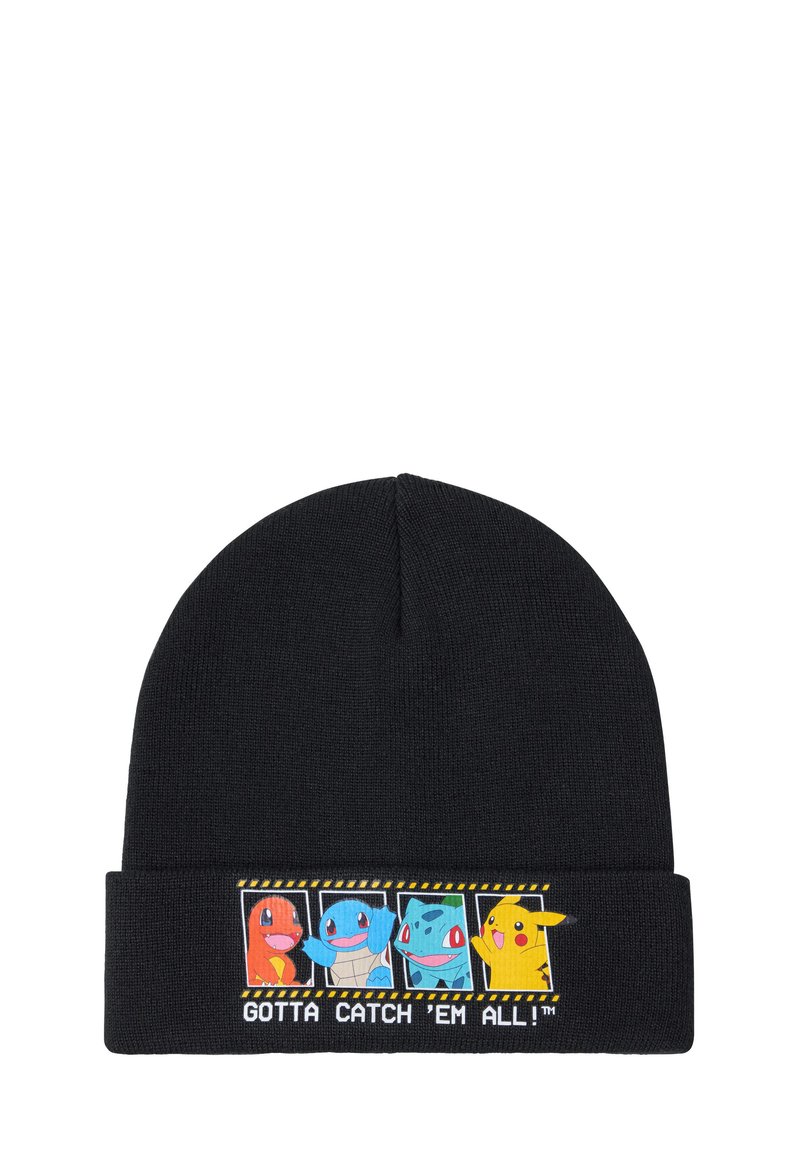 Bonnet en tricot noir avec un graphique coloré de quatre personnages Pokémon et le texte "IL FAUT TOUS LES ATTRAPER !" sur un revers replié.