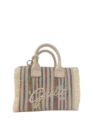 Piccola borsa intrecciata con strisce verticali multicolori, bordi in frange color crema, due manici in tessuto e scritta "Gaelle Paris" ricamata sulla parte anteriore.