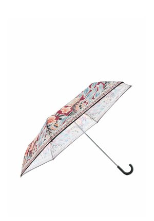 Geöffneter Regenschirm mit Metallstange, schwarzem gebogenem Griff und Bespannung mit roten, blauen und beigen Blumenmustern.