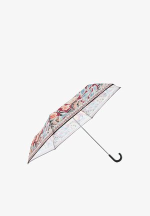 Atvērts lietussargs ar metāla kātu, melnu liektu rokturi un jumtiņu ar sarkaniem, ziliem un bēšiem ziedu rakstiem.