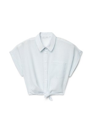 Camicia a righe verticali azzurro chiaro e bianco, maniche corte, con collo, taschino sul petto e nodo frontale.