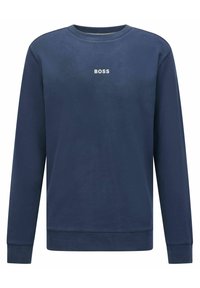 Sudadera azul marino de tela suave, con cuello redondo, mangas largas y el logo blanco "BOSS" centrado en el pecho.