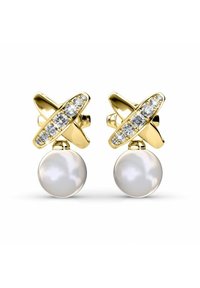 Orecchini in oro con un design intrecciato, arricchiti da accenti di cristalli trasparenti e una grande goccia di perla bianca lucida.