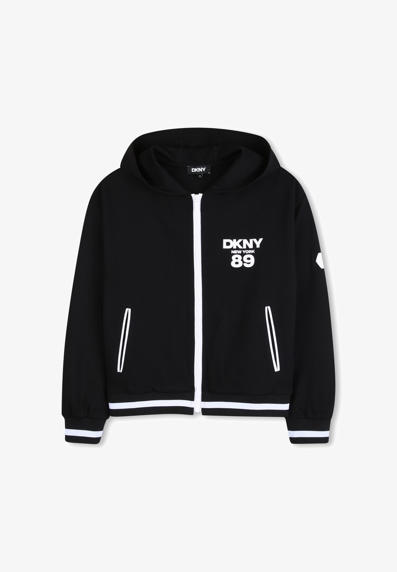Sweat à capuche noir zippé avec un logo blanc et l'inscription "89" sur la poitrine, avec des accents blancs sur les poches et les poignets. Tissu doux, coupe décontractée.