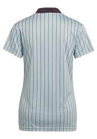 Polo bleu clair avec des rayures verticales foncées, à manches courtes et avec un col foncé. Fabriqué en tissu lisse et léger.