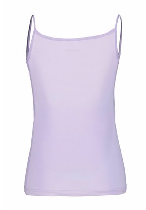 Camisola lila hecha de tela suave y elástica. Presenta tirantes finos y un corte ajustado con escote y dobladillo redondeados.