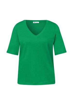 Chemise verte à manches courtes avec col en V, coupe décontractée, en tissu lisse, présentée sur un fond blanc.