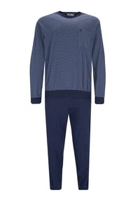 Marineblauer Lounge-Set mit langen Ärmeln und Hose. Der Pullover hat ein strukturiertes Muster und gerippte Bündchen; die Hose ist glatt mit elastischen Säumen.
