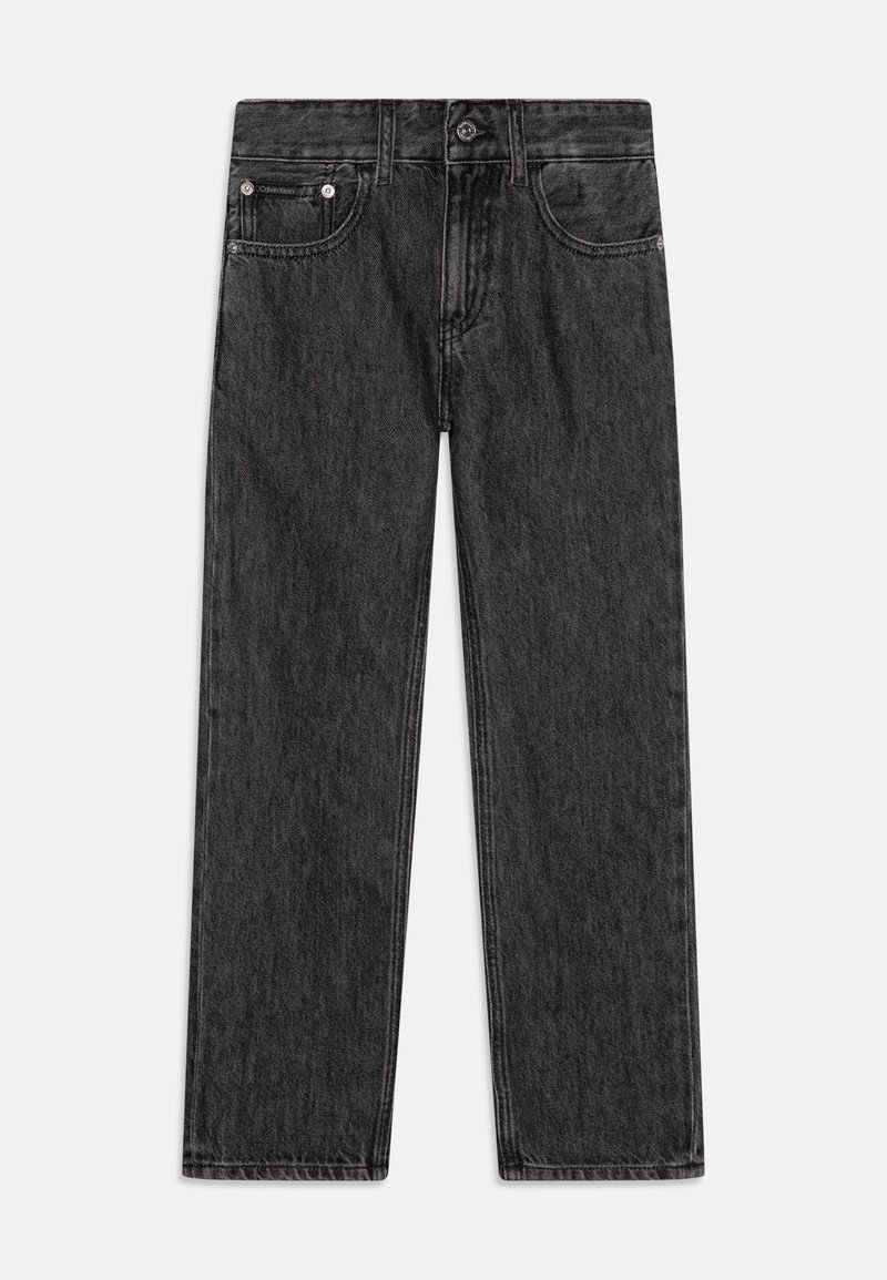 Crne traperice od denima ravnog kroja, s kopčanjem na gumb, petljama za remen i suptilnim detaljima šivanja na džepovima.