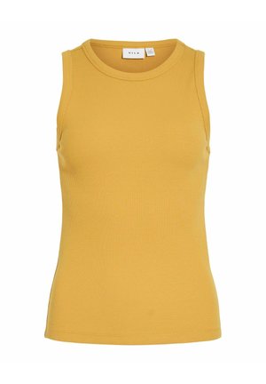 Débardeur sans manches moutarde en côte, avec encolure ronde et étiquette de la marque à l'intérieur du col.