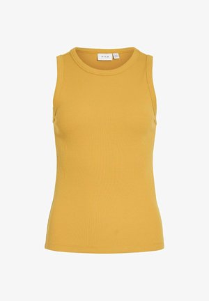 Ujjatlan mustársárga bordázott atléta kerek nyakkivágással és belső márkacímkével a gallérnál.