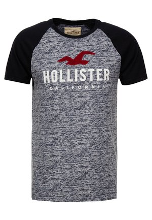 Korte mouwen T-shirt van marineblauwe stof, heather grijze body, witte tekst "HOLLISTER CALIFORNIA" en een rood vogellogo op de borst.