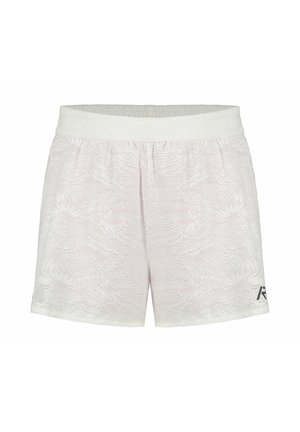 Pantalones cortos de color rosa claro con un patrón texturizado, cintura elástica y un logo negro contrastante en la esquina inferior.