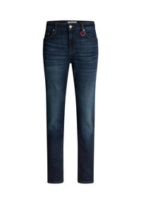 Dunkelblaue Jeans aus Denim mit geradem Schnitt, fünf Taschen und einer sichtbaren Knopfverschluss mit einem pinken Akzent am Bund.