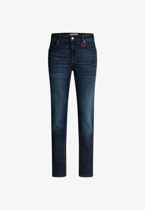 Dunkelblaue Jeans aus Denim mit geradem Schnitt, fünf Taschen und einer sichtbaren Knopfverschluss mit einem pinken Akzent am Bund.