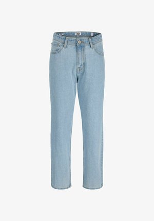 Jean en denim bleu clair à coupe droite, doté d'une fermeture à boutons, de cinq poches et de coutures contrastées. Ourlet net sans ornements.