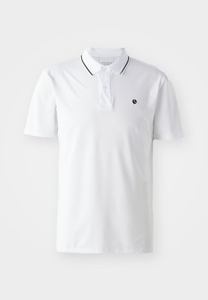 Weißes Polohemd mit kurzen Ärmeln, zwei Knöpfen an der Knopfleiste und schwarzem Besatz am Kragen. Mit kleinem schwarzen Logo auf der Brust.