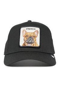 Gorra negra con lados de malla, que presenta un parche bordado cuadrado de un Bulldog Francés con la palabra "FRENCH" encima de la imagen.