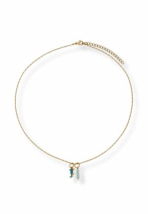 Delicate gold chain necklace with two small pendants: one blue beaded cluster and one pale blue vertical bead strand.