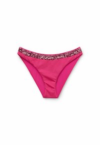 Rosa bikiniunderdel med en slät yta, ett midjeband med paljetter och en klassisk skärning.