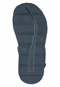 Czarna gumowa podeszwa sandała z fakturowanym wzorem w kwadratowe i prostokątne kształty. Zawiera logo oraz oznaczenie rozmiaru.