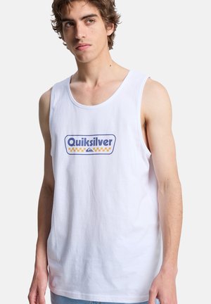 White cotton tank top featuring a vibrant "Quiksilver" logo in blue and yellow, with a relaxed fit and sleeveless design.
