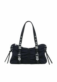 Sac à main en tissu noir avec côtés froncés, garnitures en métal argenté, anses doubles et fermetures éclair. Caractéristiques œillets et liens sur les côtés.