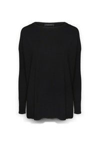 Schwarzer gestrickter Pullover mit weitem Rundhalsausschnitt, langen Ärmeln und lockerer Passform. Mit geripptem Muster an den Bündchen und dem Saum.