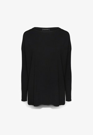 Schwarzer gestrickter Pullover mit weitem Rundhalsausschnitt, langen Ärmeln und lockerer Passform. Mit geripptem Muster an den Bündchen und dem Saum.