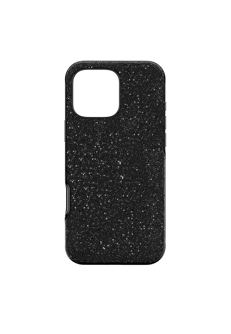 Coque de téléphone noire avec une surface texturée ornée de paillettes métalliques. Forme conçue pour un smartphone avec des découpes pour les boutons et la caméra.