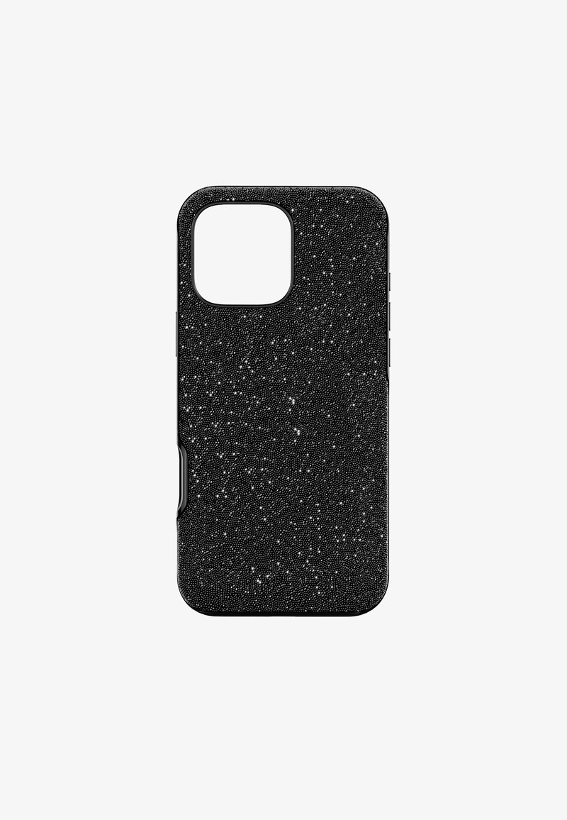 Coque de téléphone noire avec une surface texturée ornée de paillettes métalliques. Forme conçue pour un smartphone avec des découpes pour les boutons et la caméra.