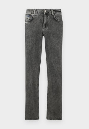 Jeans de ganga cinza com corte de perna reta, apresentando um design tradicional de cinco bolsos, fecho com botão e um desbotado subtil em toda a peça.