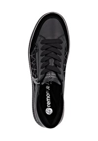 Schwarze Sneaker mit einem glatten Lederoberteil, strukturierten Seitenpaneelen und Schnürdesign. Enthält einen Metallreißverschluss und eine gepolsterte Innensohle.
