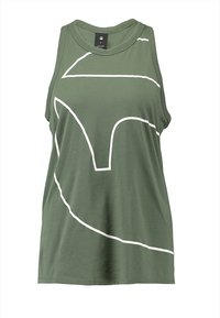 Zielony top na ramiączkach wykonany z bawełny. Posiada duży, biały abstrakcyjny wzór z przodu i okrągły dekolt. Bez rękawów, o luźnym kroju.