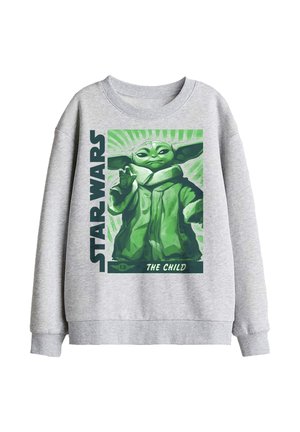 Light grey sweatshirt with green graphic of Star Wars character "The Child" raising one hand, with text "STAR WARS" vertical and "THE CHILD" below.