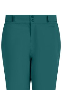 Teal broek met een gladde textuur, voorzien van een knoop- en klittenbandsluiting, en de merknaam "protest" subtiel gedrukt op de tailleband.