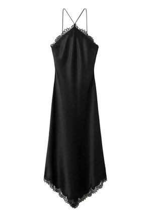 Czarna satynowa sukienka na ramiączkach z koronkową lamówką na dekolcie i na dole, z cienkimi ramiączkami spaghetti i szpiczastym dołem.