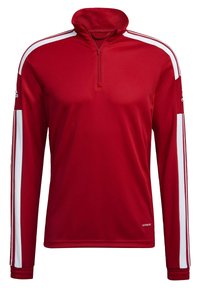 Red long-sleeve pullover with a high collar and quarter zip, featuring white stripes on the shoulders and sleeves, made from smooth fabric.
