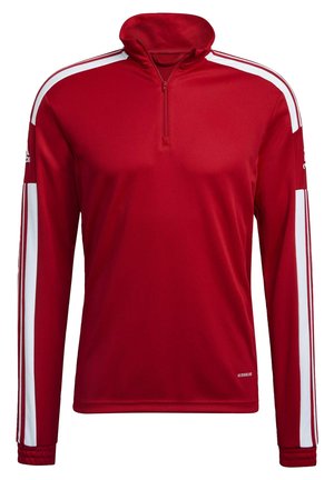 Rode langzame pullover met hoge kraag en kwart-rits, met witte strepen op de schouders en mouwen, gemaakt van gladde stof.