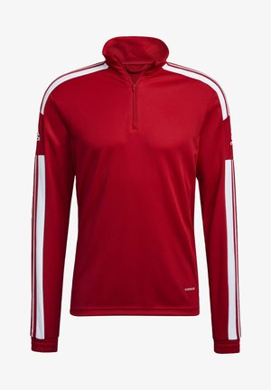 Rode langzame pullover met hoge kraag en kwart-rits, met witte strepen op de schouders en mouwen, gemaakt van gladde stof.