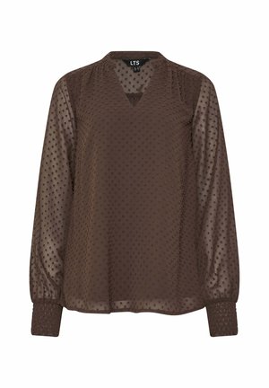 Braune durchsichtige Bluse mit langen Puffärmeln, strukturierten Polka-Dots, gerafften Manschetten und V-Ausschnitt.