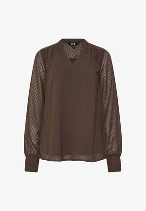 Blusa marrone trasparente con maniche lunghe a sbuffo, pois in rilievo, polsini arricciati e scollo a V.